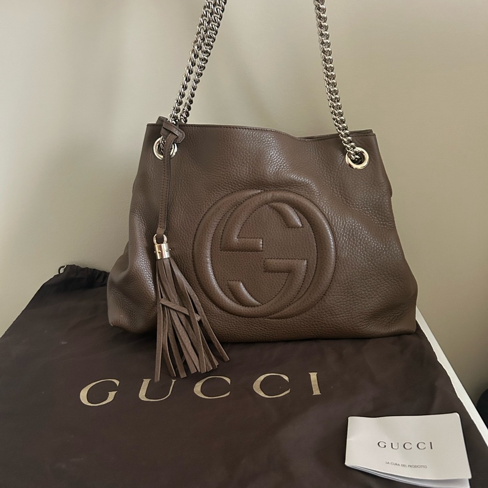 Gucci Dark Brown Leather Soho Bag with Chain Straps
